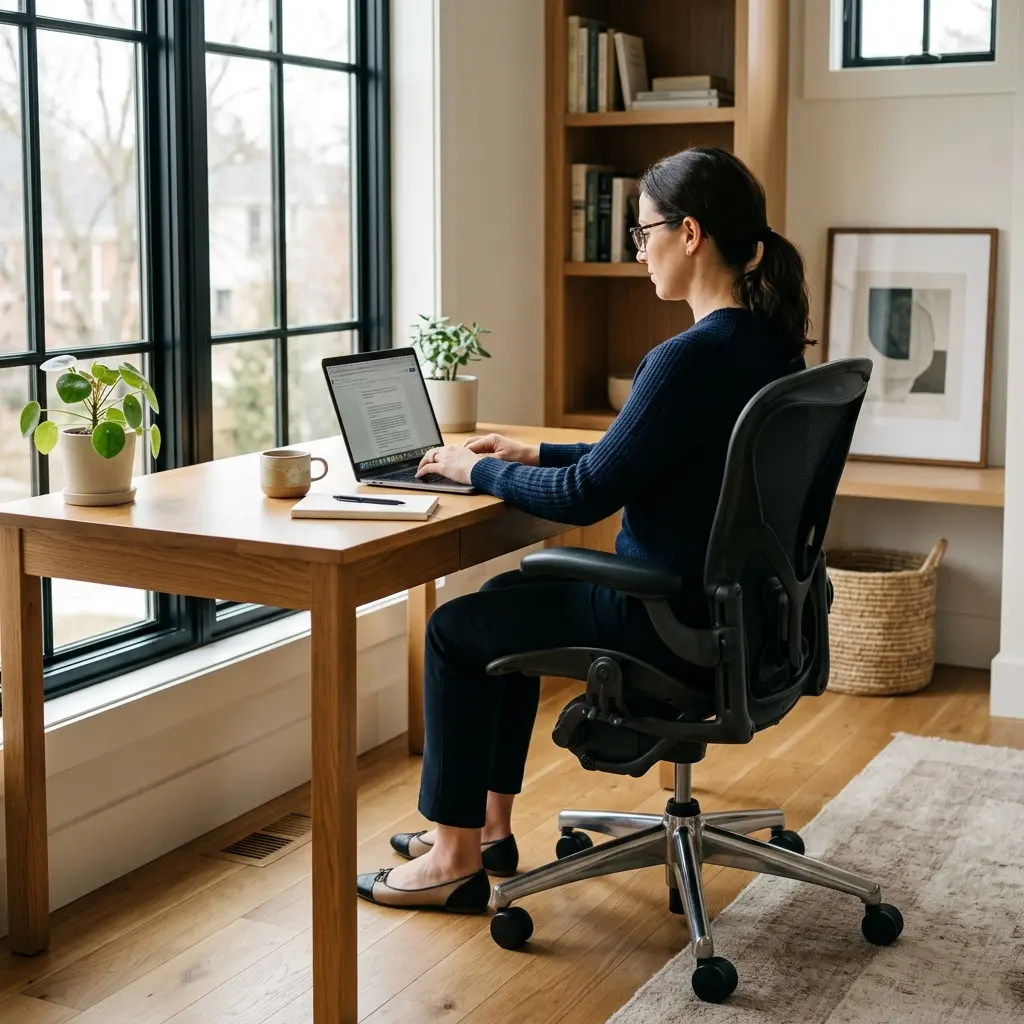 How to choose ergonomic office chair: A professional sitting comfortably in a highly adjustable office chair at a clean desk