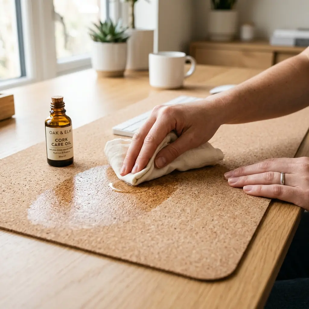 Hands gently buffing a natural cork desk mat with a soft cloth and conditioning oil