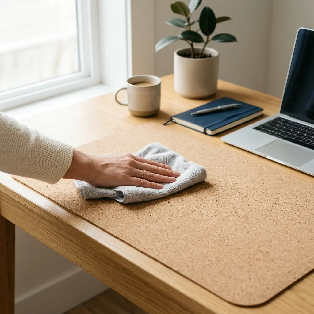 A close-up of a person using a soft-bristled brush to sweep dust off a natural cork desk mat
