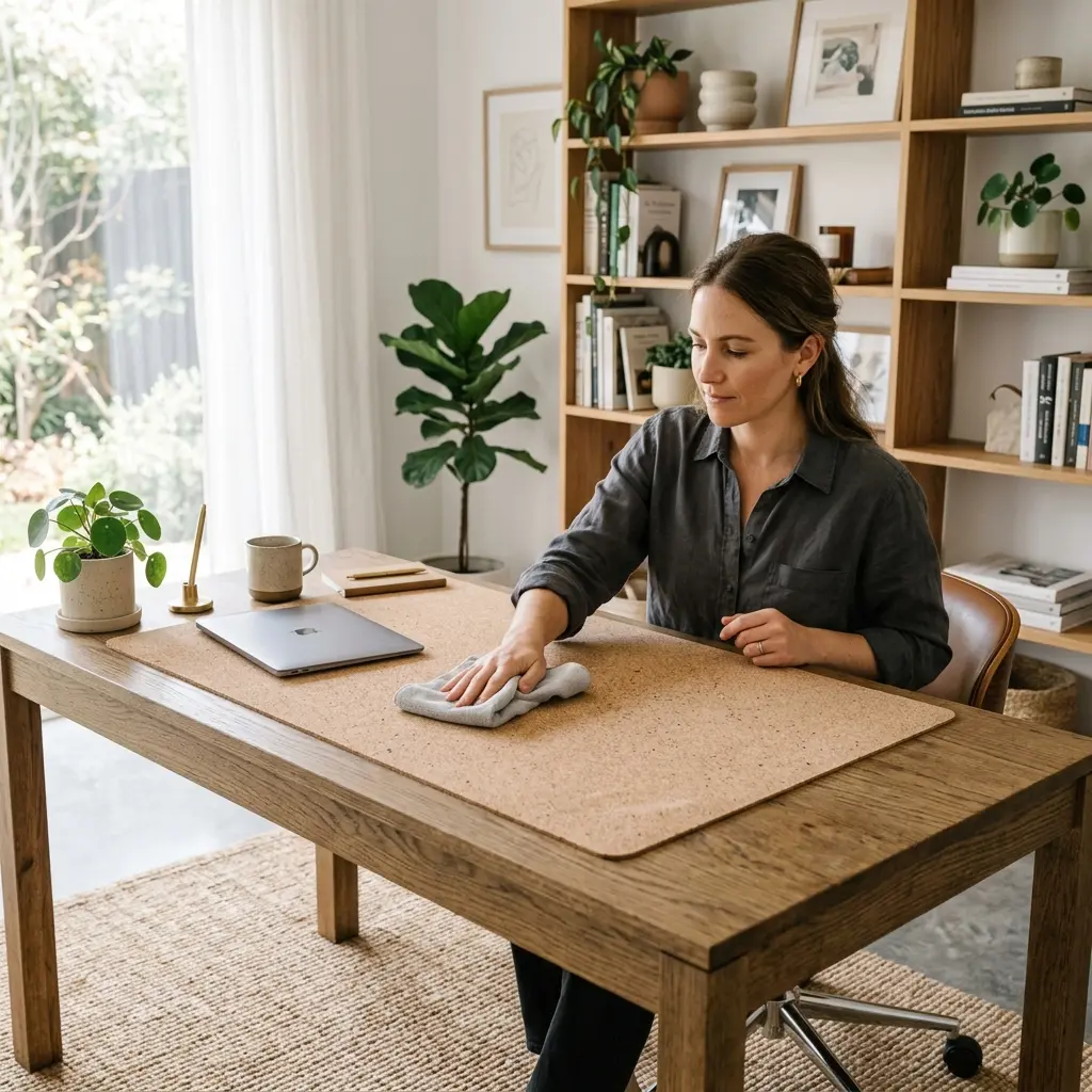 Clean natural cork desk mat: A professional gently wiping a premium cork desk mat with a damp microfiber cloth