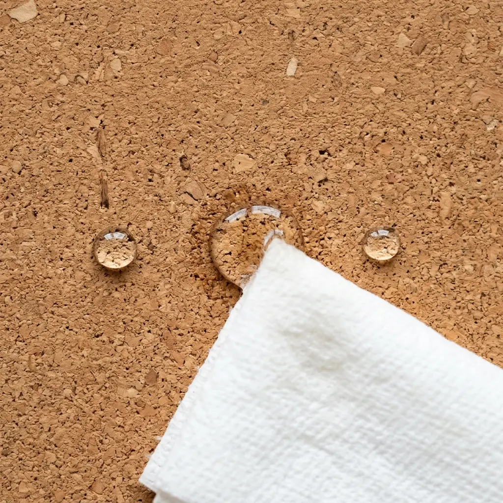A person quickly blotting a small coffee spill on a cork desk mat with a dry paper towel