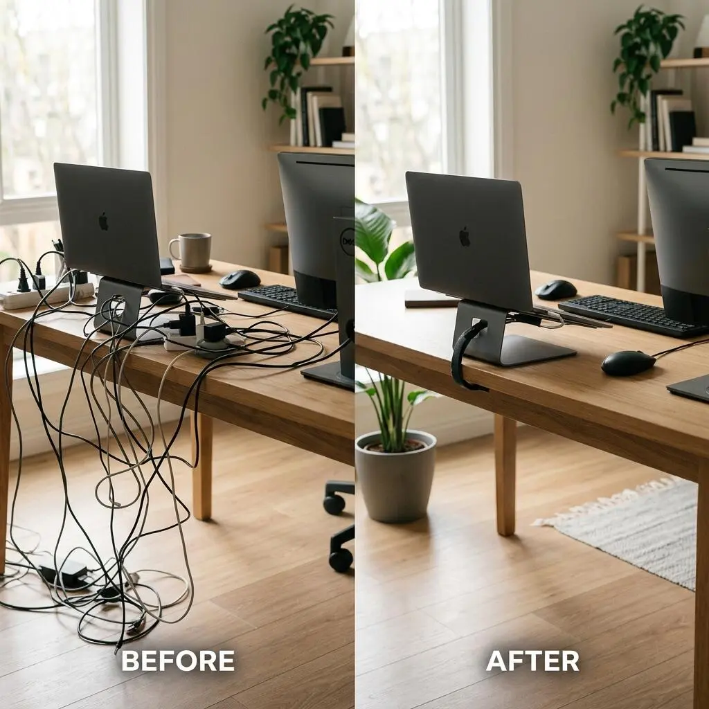 Split screen showing a messy desk with tangled wires next to a clean desk with perfect cable management