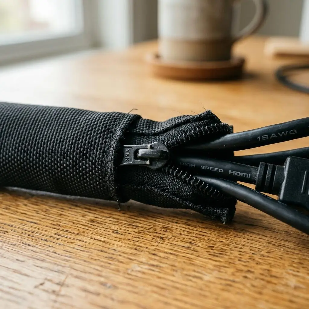 Close up detail of a black fabric zipper cable sleeve bundling several thick monitor cords