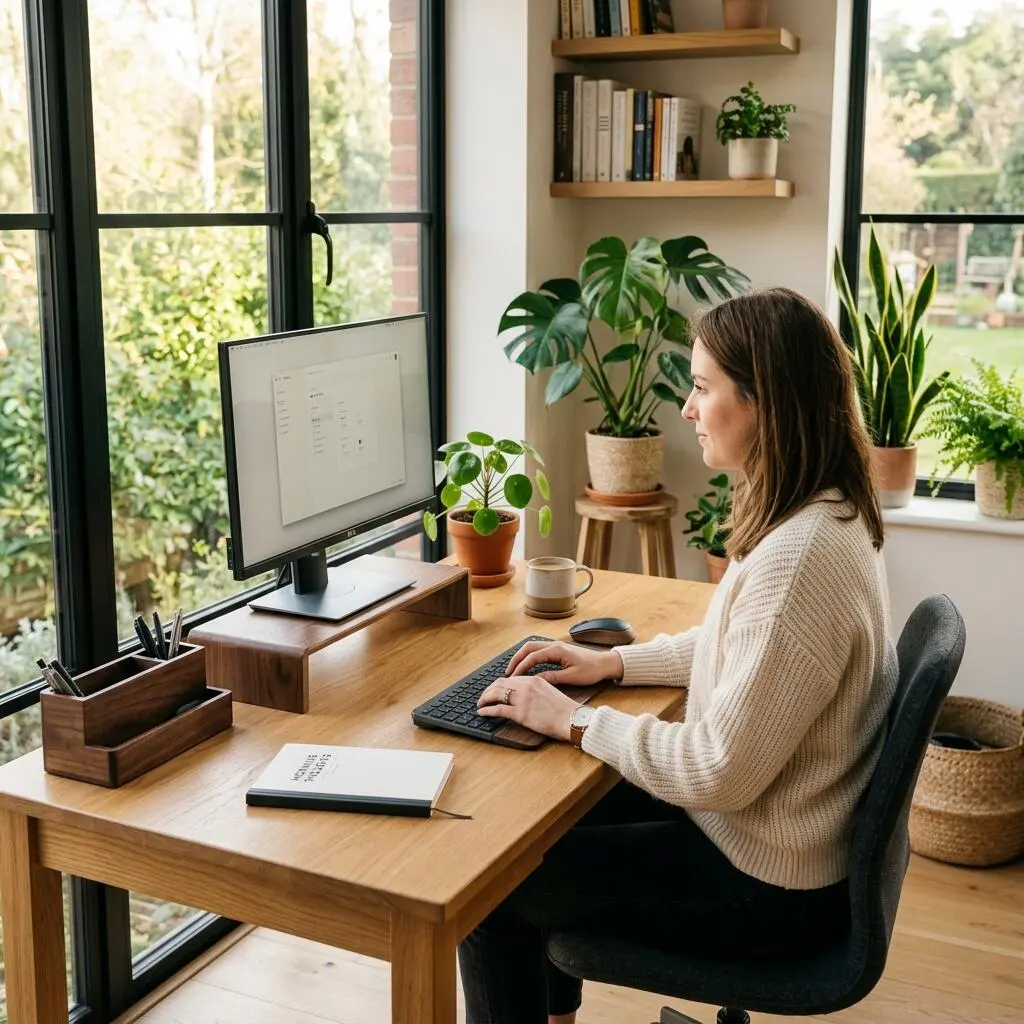 A professional remote worker sitting with perfect posture at a clean, wire-free desk