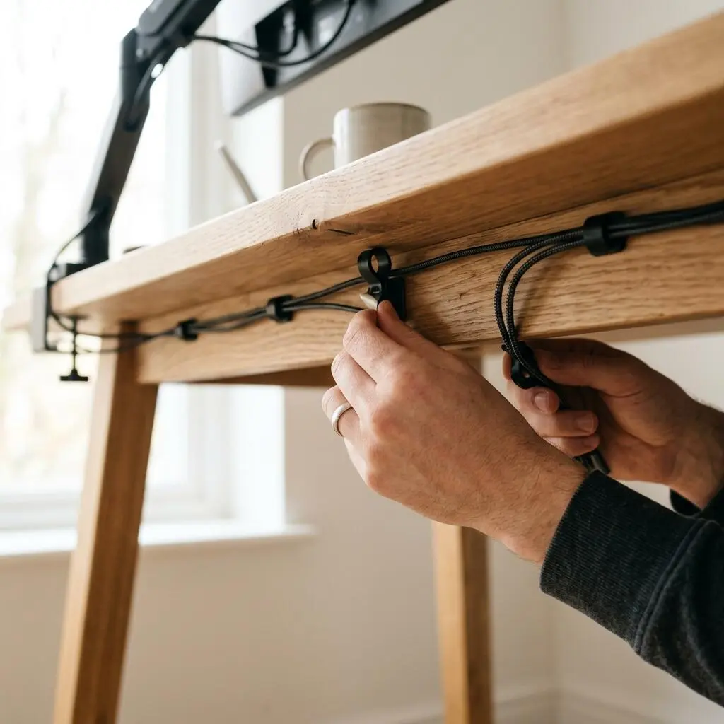 Hands attaching adhesive cable clips under an ergonomic desk for proper wire routing