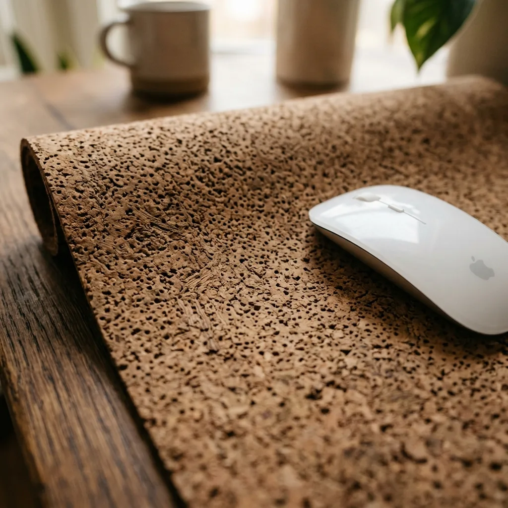 Extreme close up of a natural cork desk mat showing its smooth, porous, and warm texture