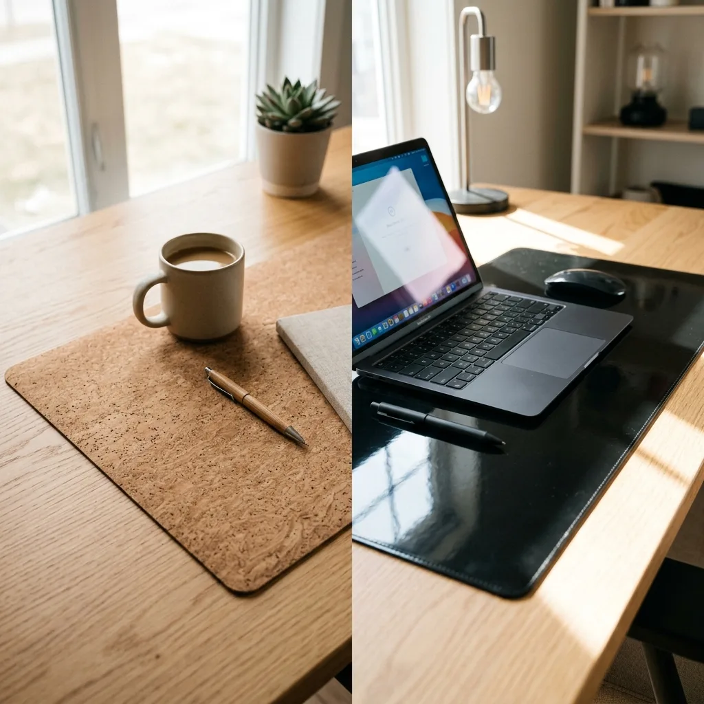 A split image comparing the warm texture of a natural cork desk mat next to a glossy leather desk mat