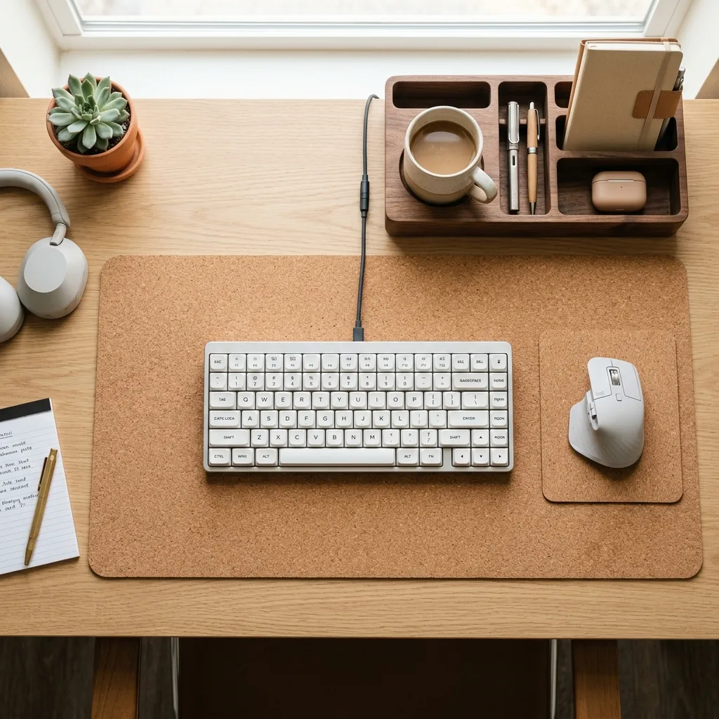 A perfectly arranged minimalist desk showing a cork mat centering a keyboard and a solid wood organizer nearby