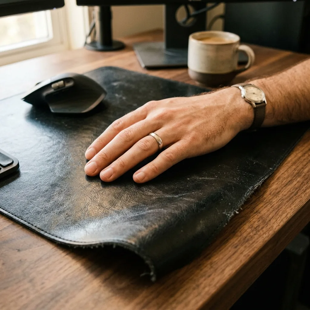 A professional's hand resting on a glossy leather desk mat, showing reflections and a slightly sticky surface