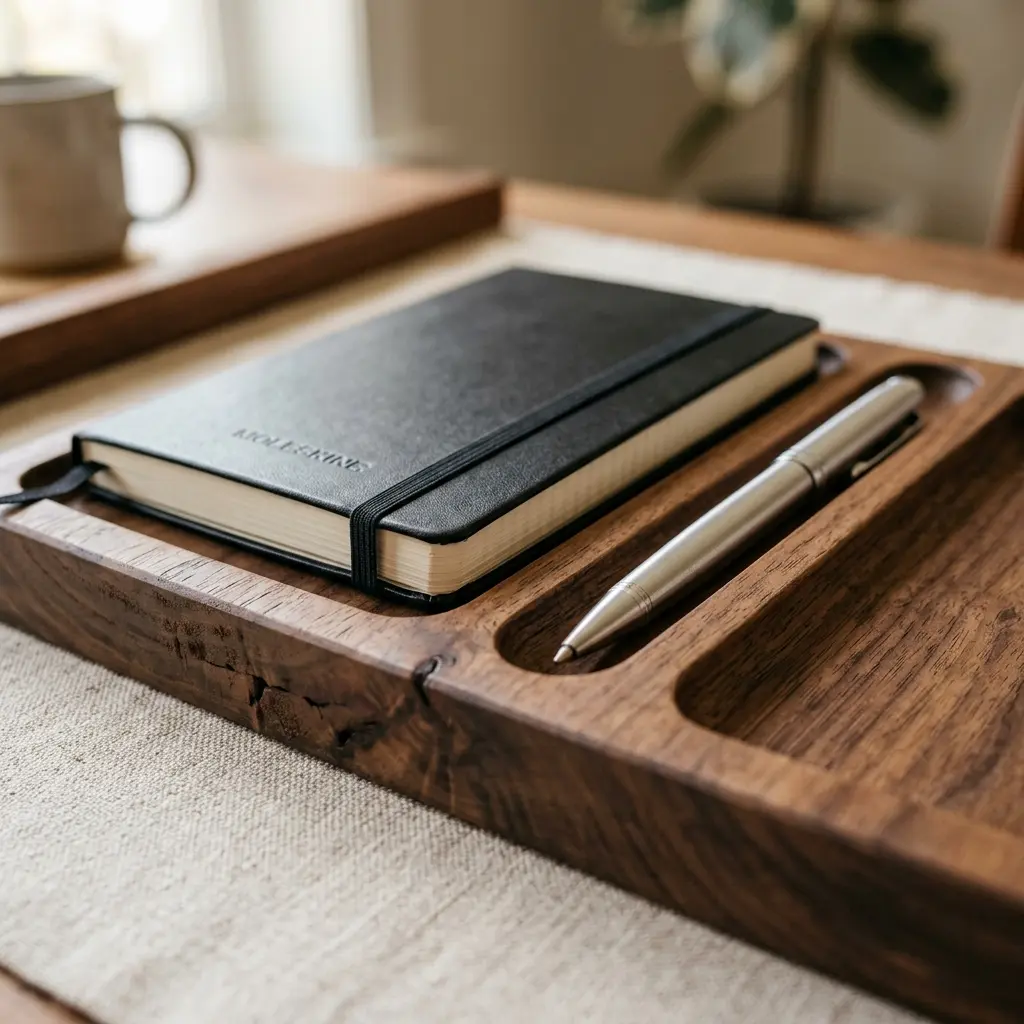 A beautifully crafted solid wood desk organizer holding a single premium pen and a minimalist notebook