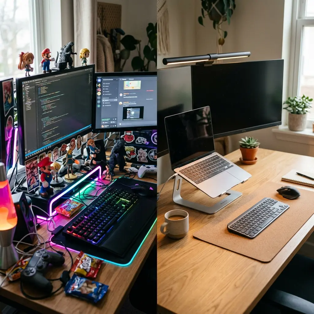A split view comparing an overly decorated aesthetic desk with a clean, focus-driven minimalist desk setup