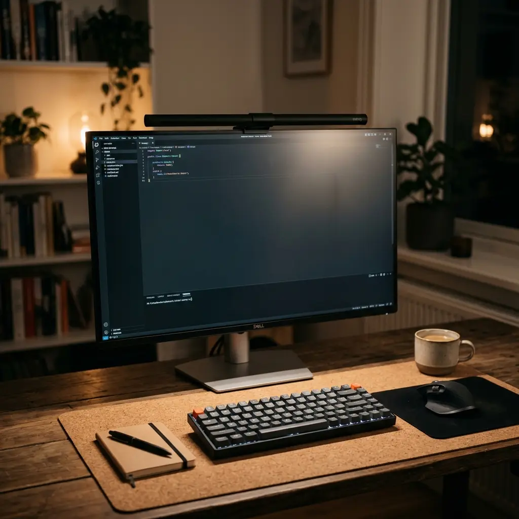 A focused workspace illuminated by a sleek monitor light bar that prevents screen glare
