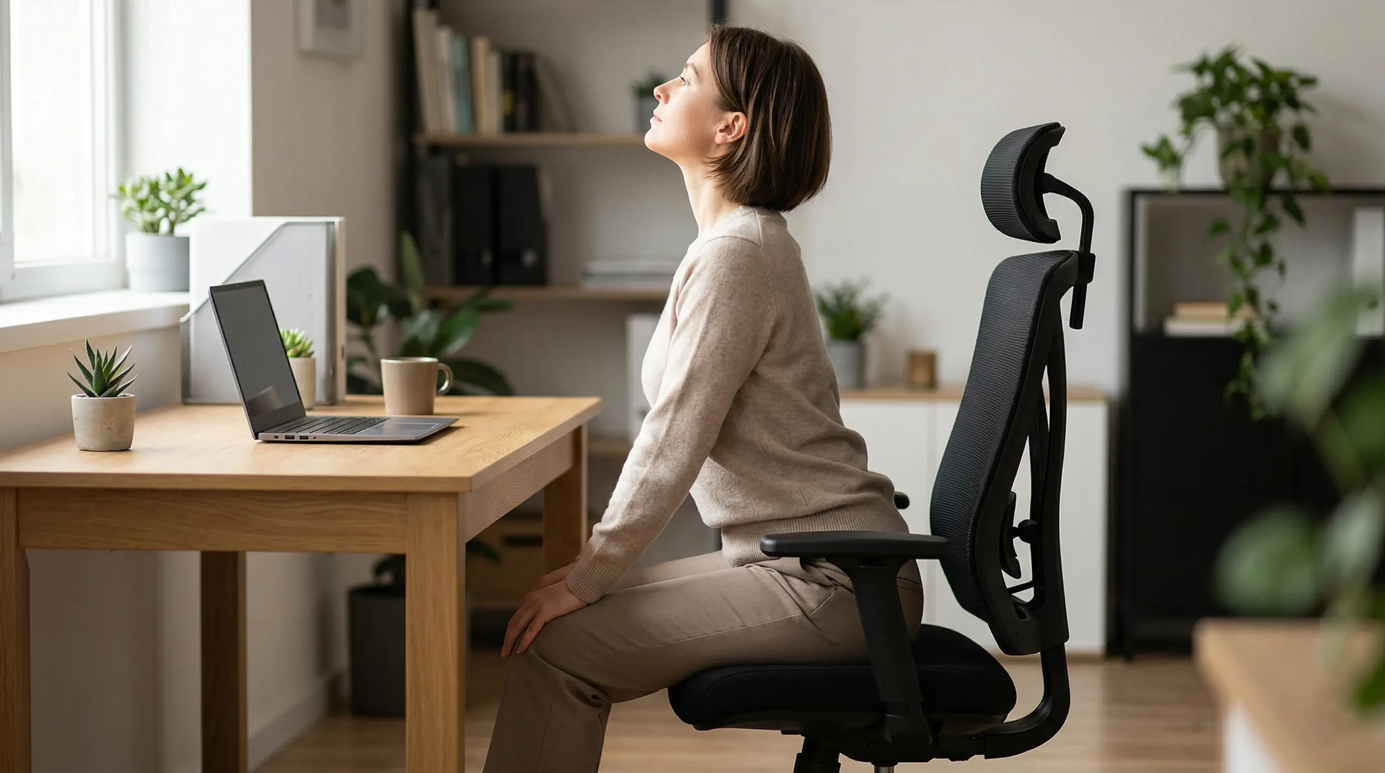 A professional demonstrating the seated cat-cow stretch, arching their back while sitting at a desk