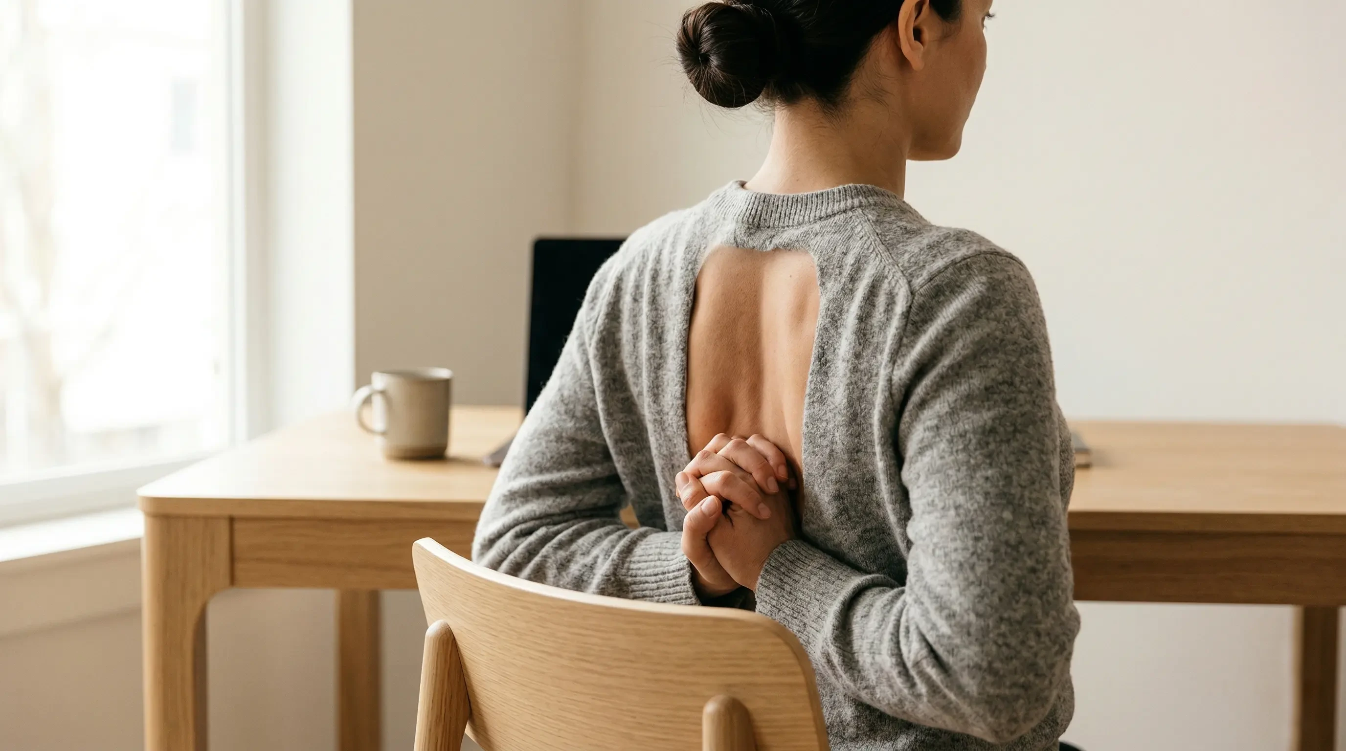 A person sitting at the edge of their chair, hands clasped behind their back, stretching their chest open
