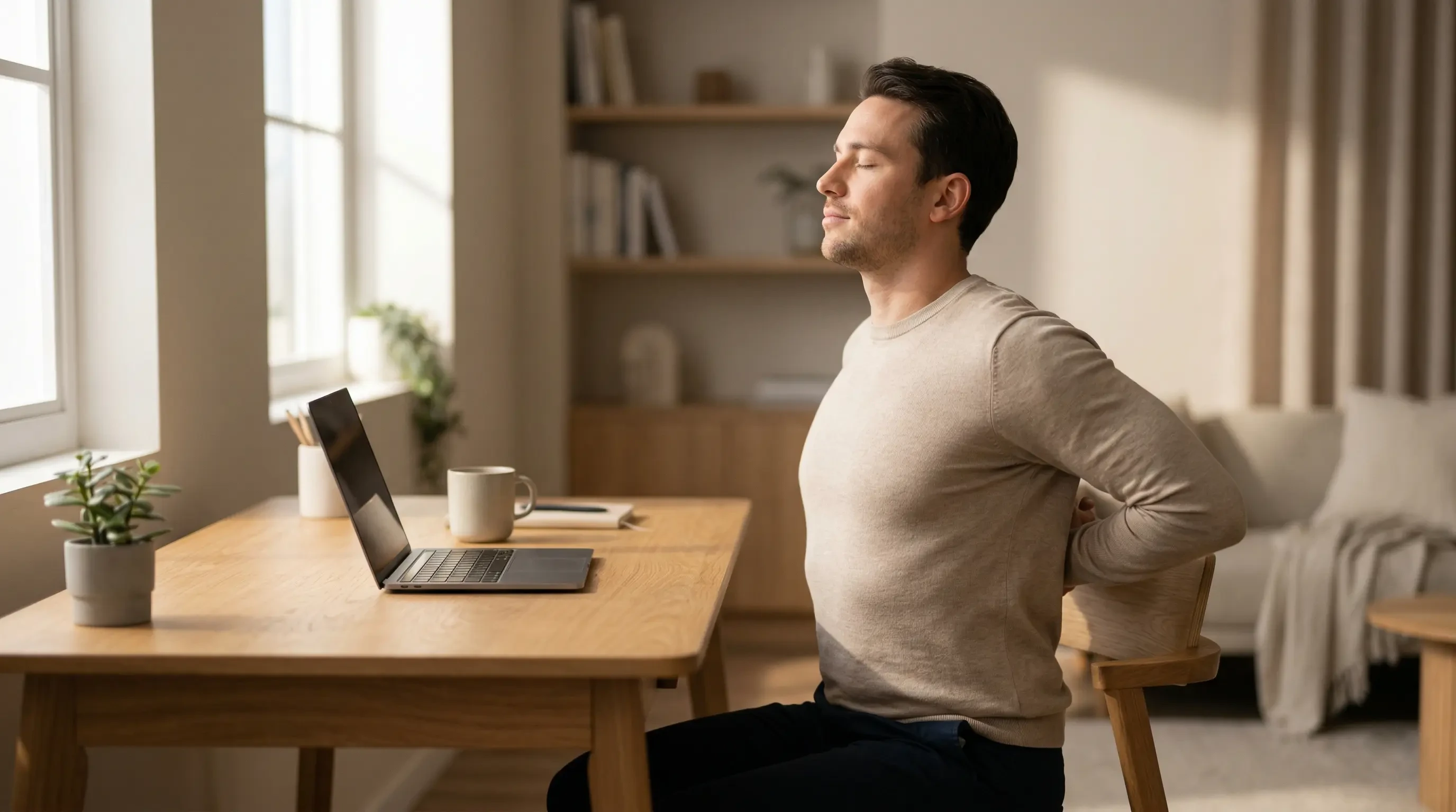 Desk stretches relieve tension: A professional performing a seated chest opener stretch at their desk to release muscle tightness