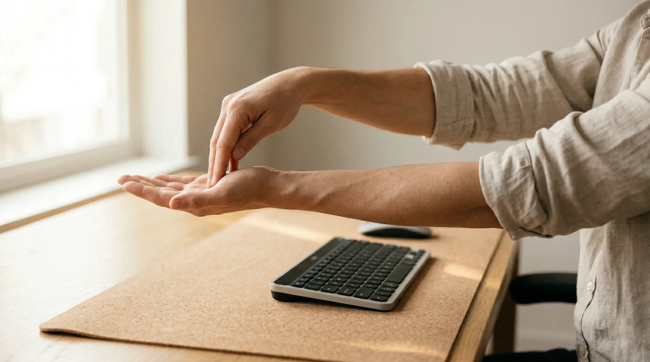 A professional extending one arm forward and gently pulling their fingers back to stretch the forearm