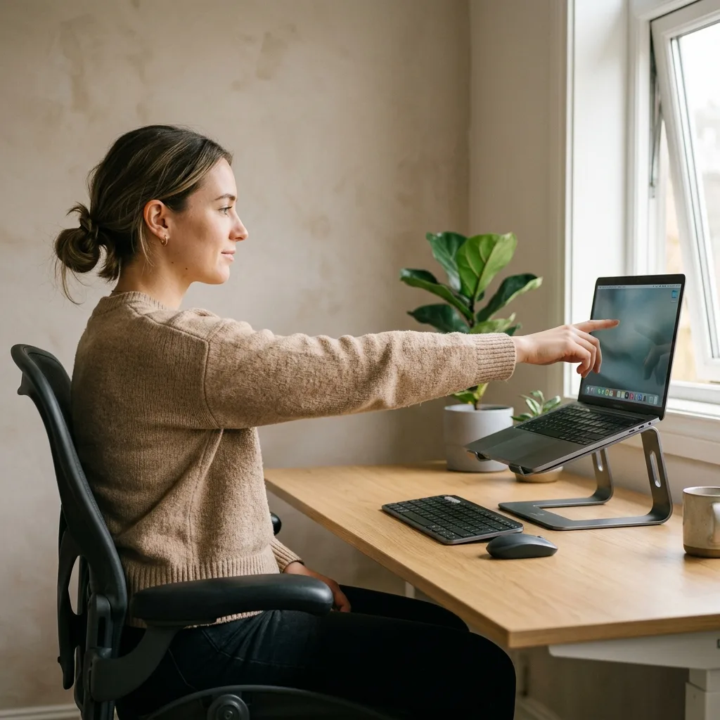 A user extending their arm to measure the proper 20 to 30 inch distance from their monitor