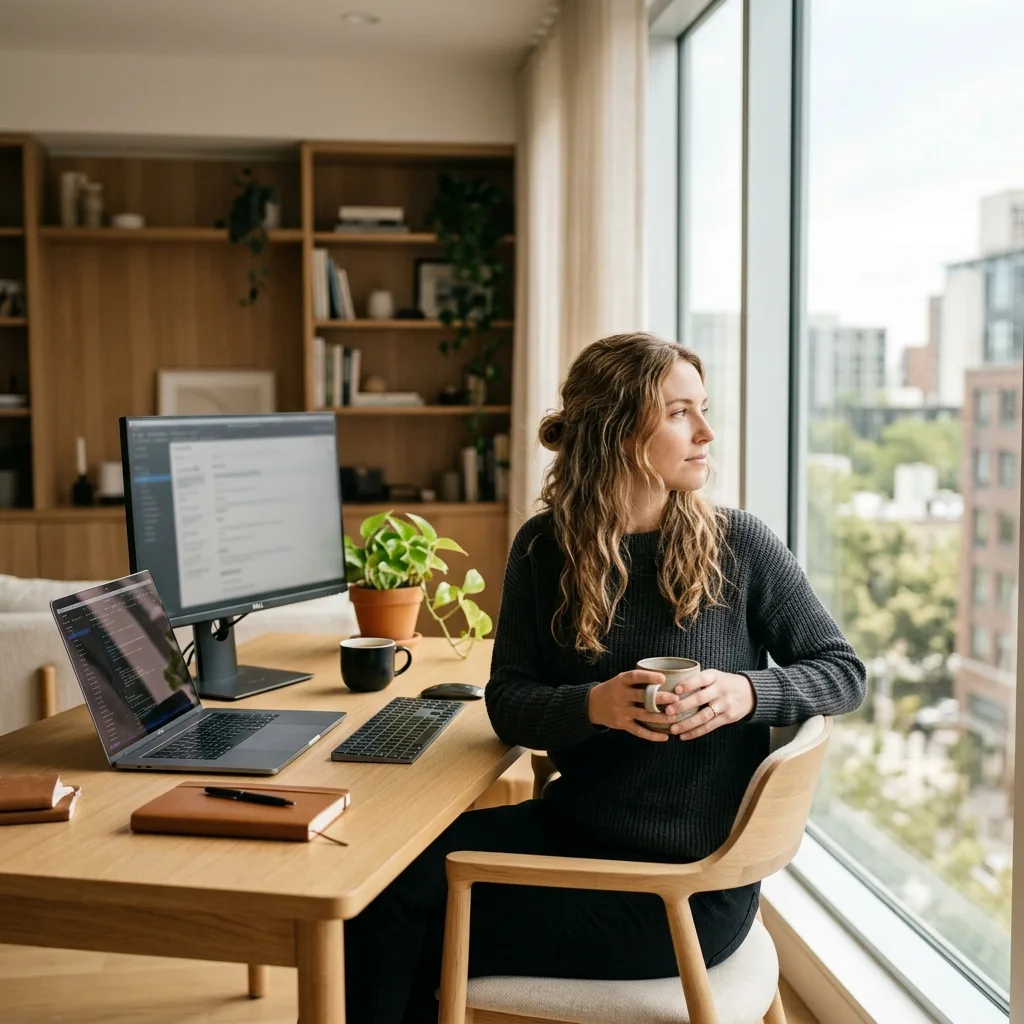 Digital eye strain desk guide: Professional looking away from their monitor out a bright window