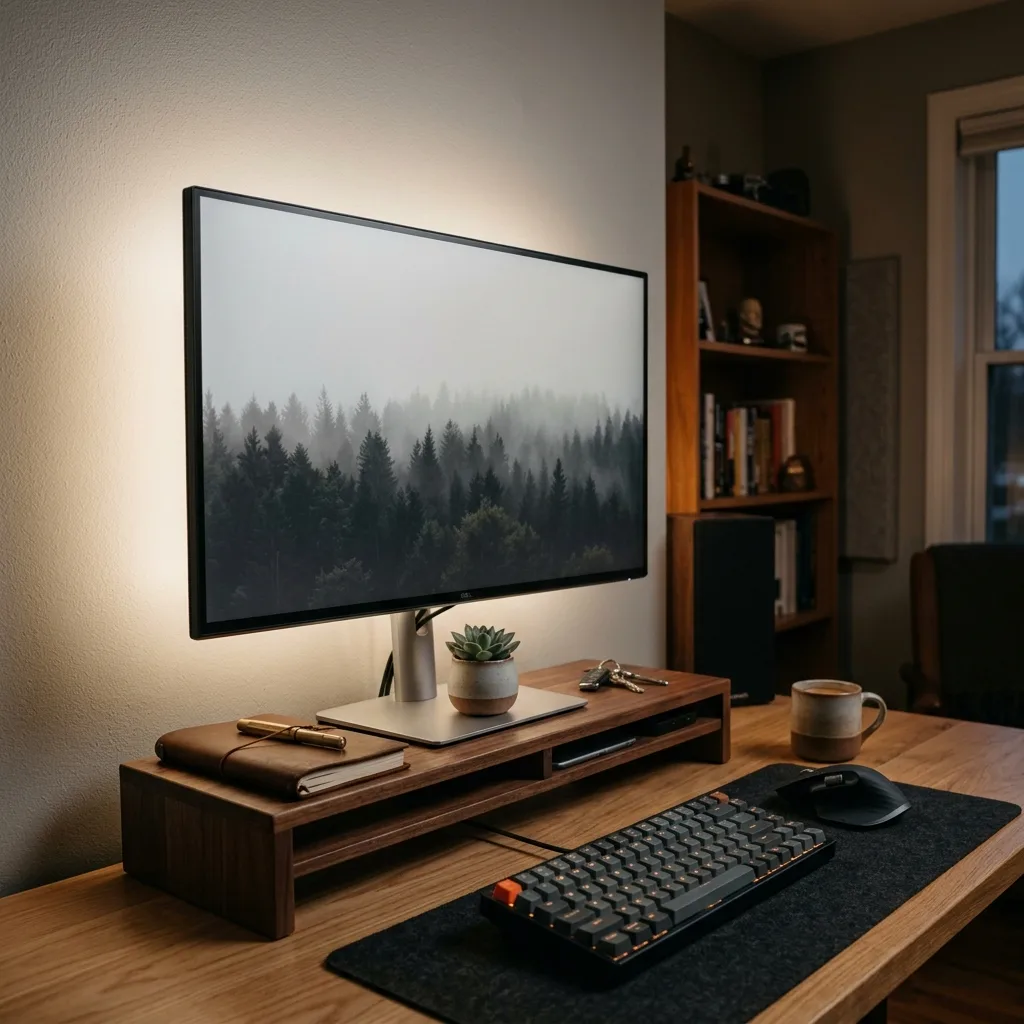 A balanced workspace showing soft ambient lighting matching the brightness of the monitor