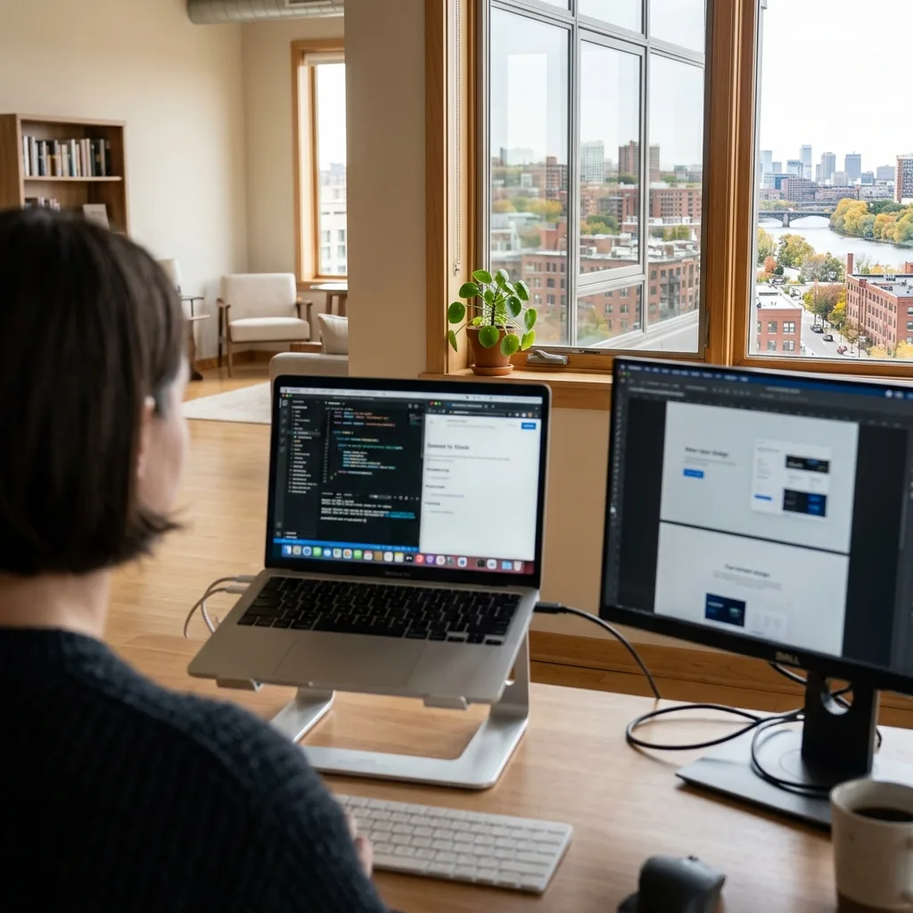 A view over a monitor looking out a window, demonstrating the 20-20-20 rule