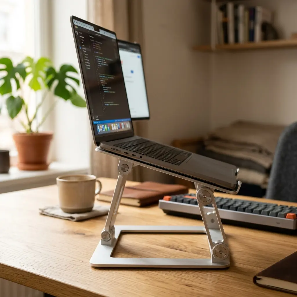 A profile shot demonstrating the perfect angle and height of an elevated laptop screen