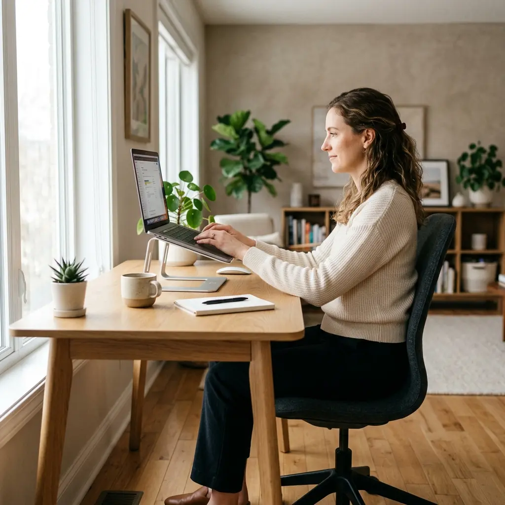 A professional typing with an ergonomic aluminum laptop stand elevating their screen to eye level