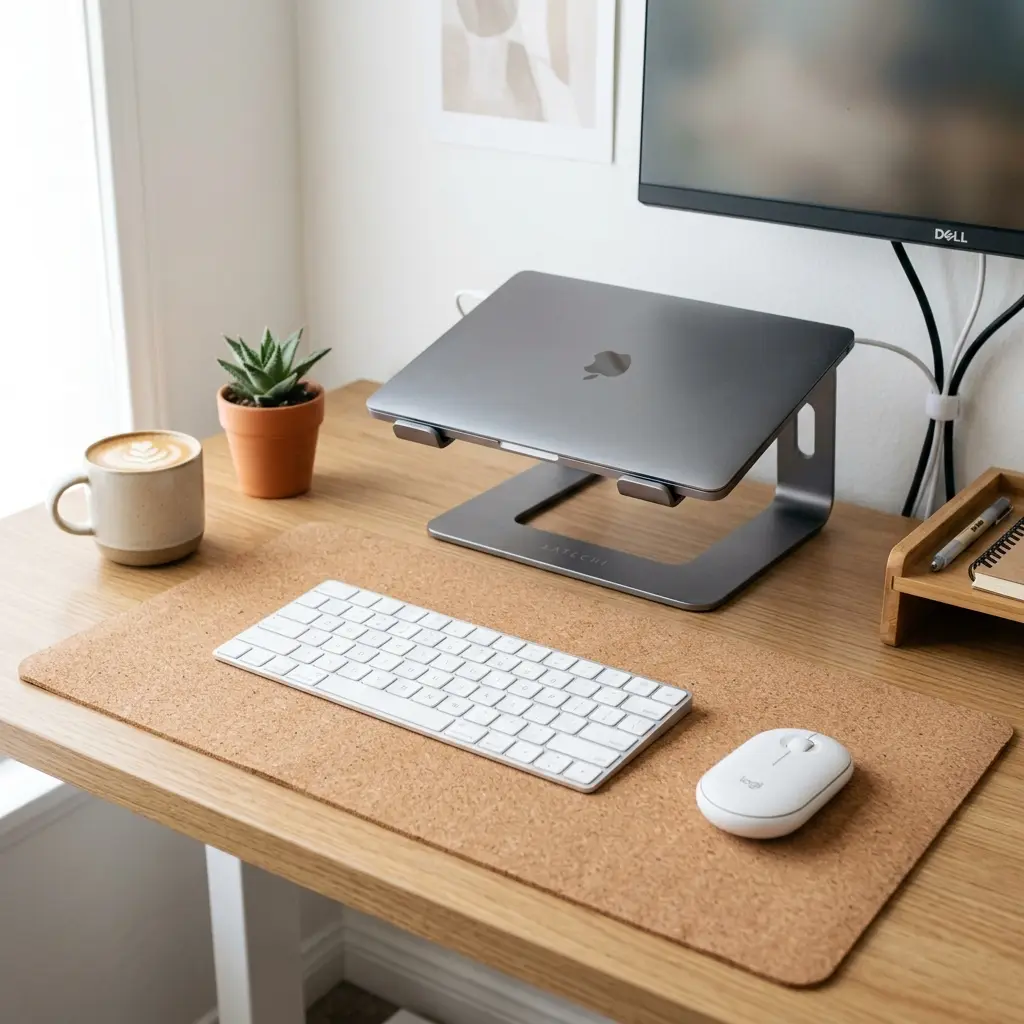 A flat external keyboard positioned in front of an elevated laptop stand on a cork mat