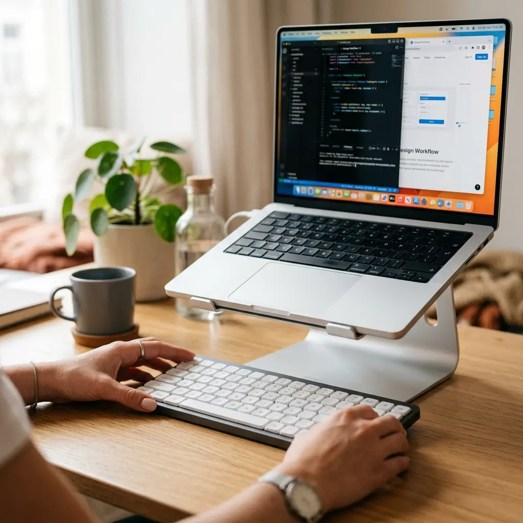 Hands carefully positioning an external keyboard below an already elevated laptop