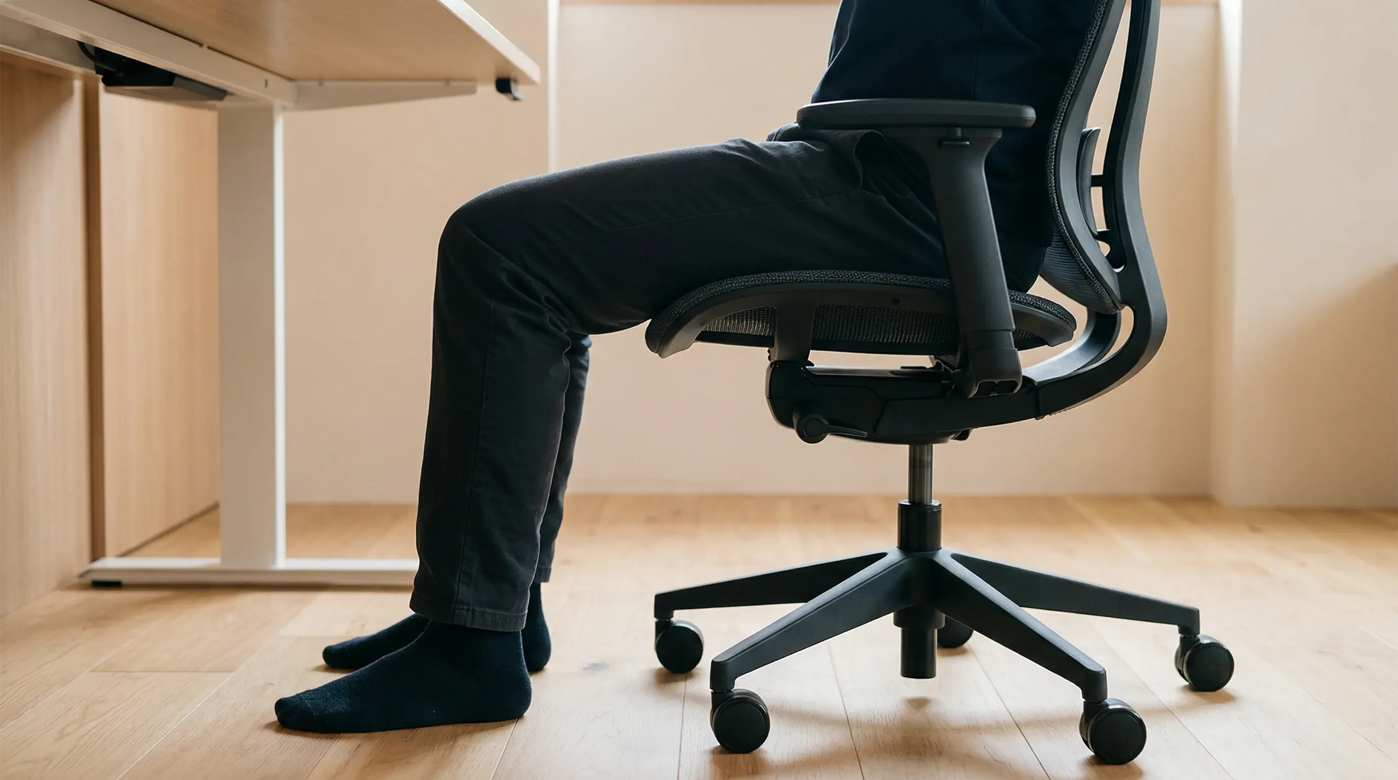 A side view demonstrating proper chair height with feet flat and knees at a 90 degree angle
