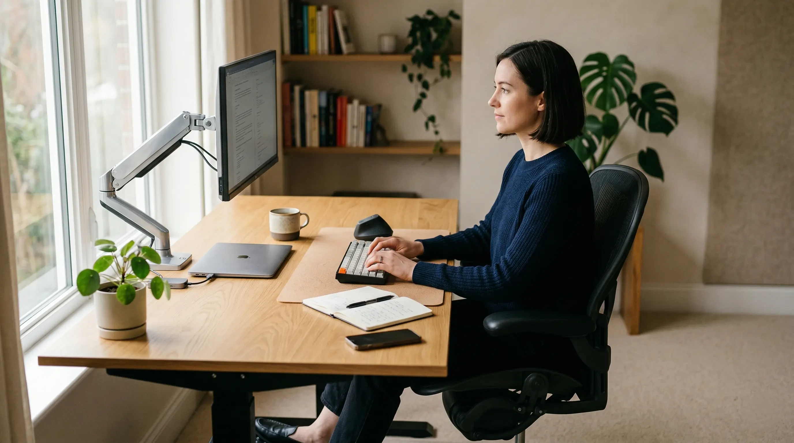 A professional working comfortably at a perfectly aligned ergonomic desk setup