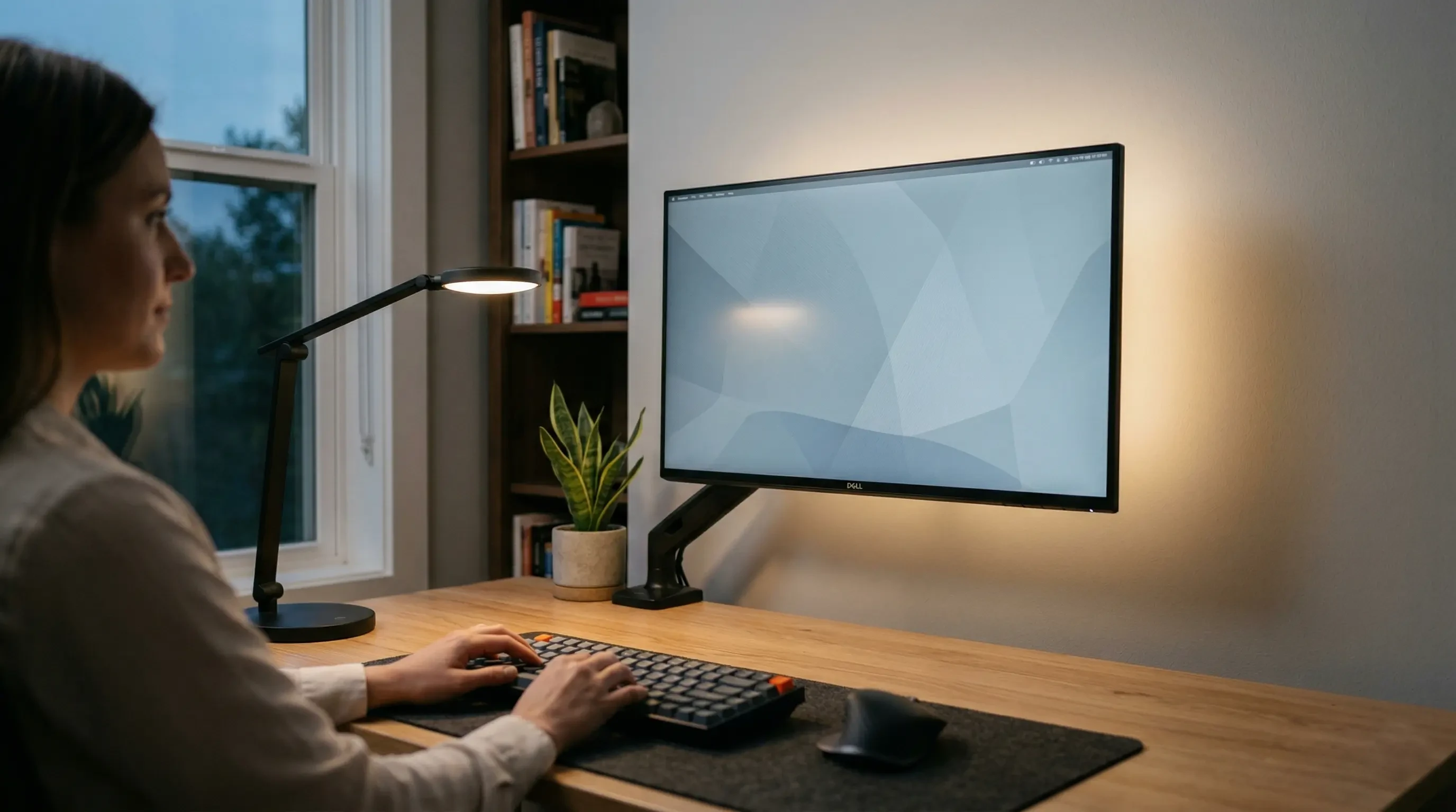 A well-lit workspace demonstrating balanced ambient light and a glare-free monitor screen