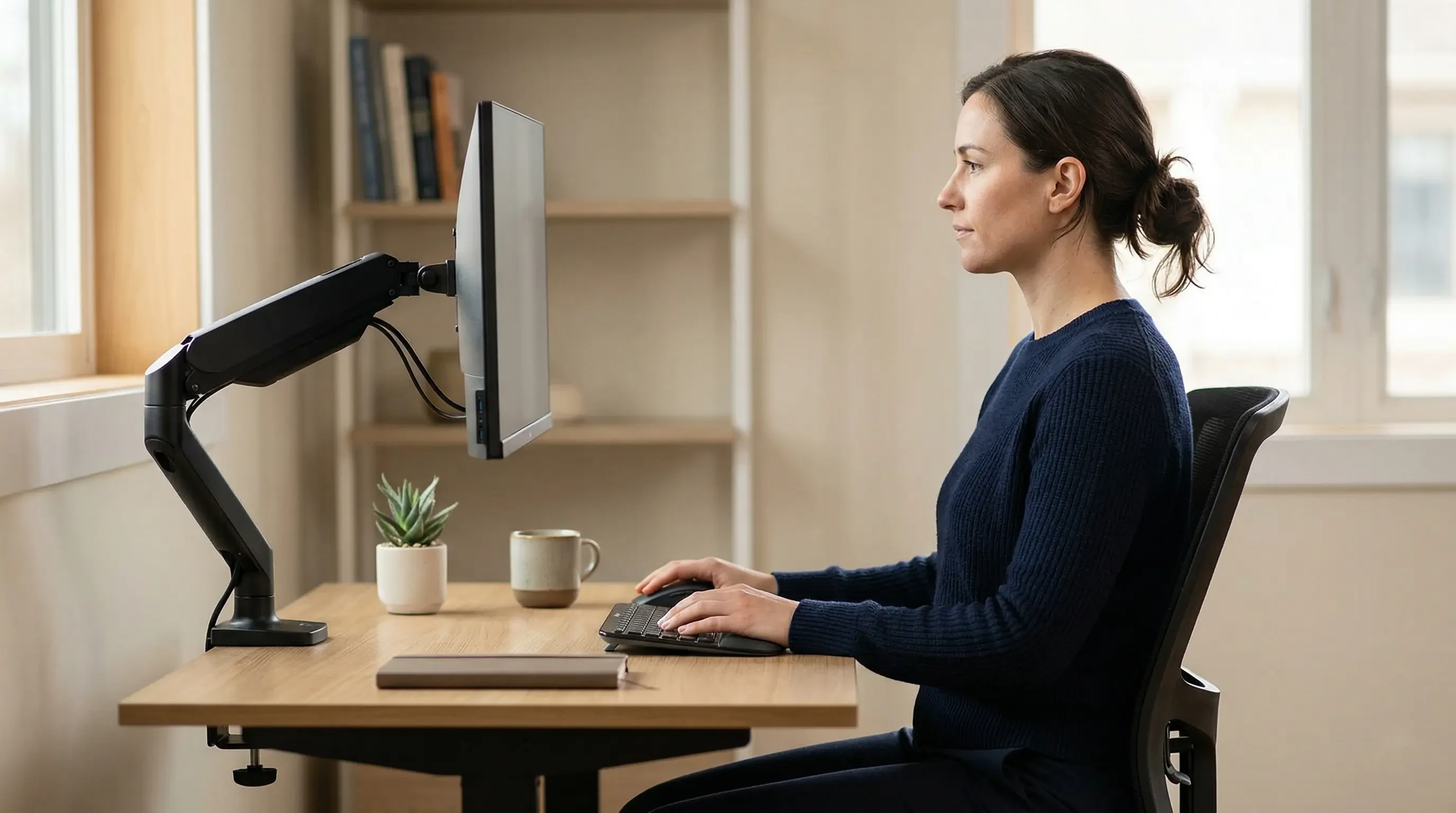 A professional looking straight ahead at a perfectly positioned monitor on an adjustable arm
