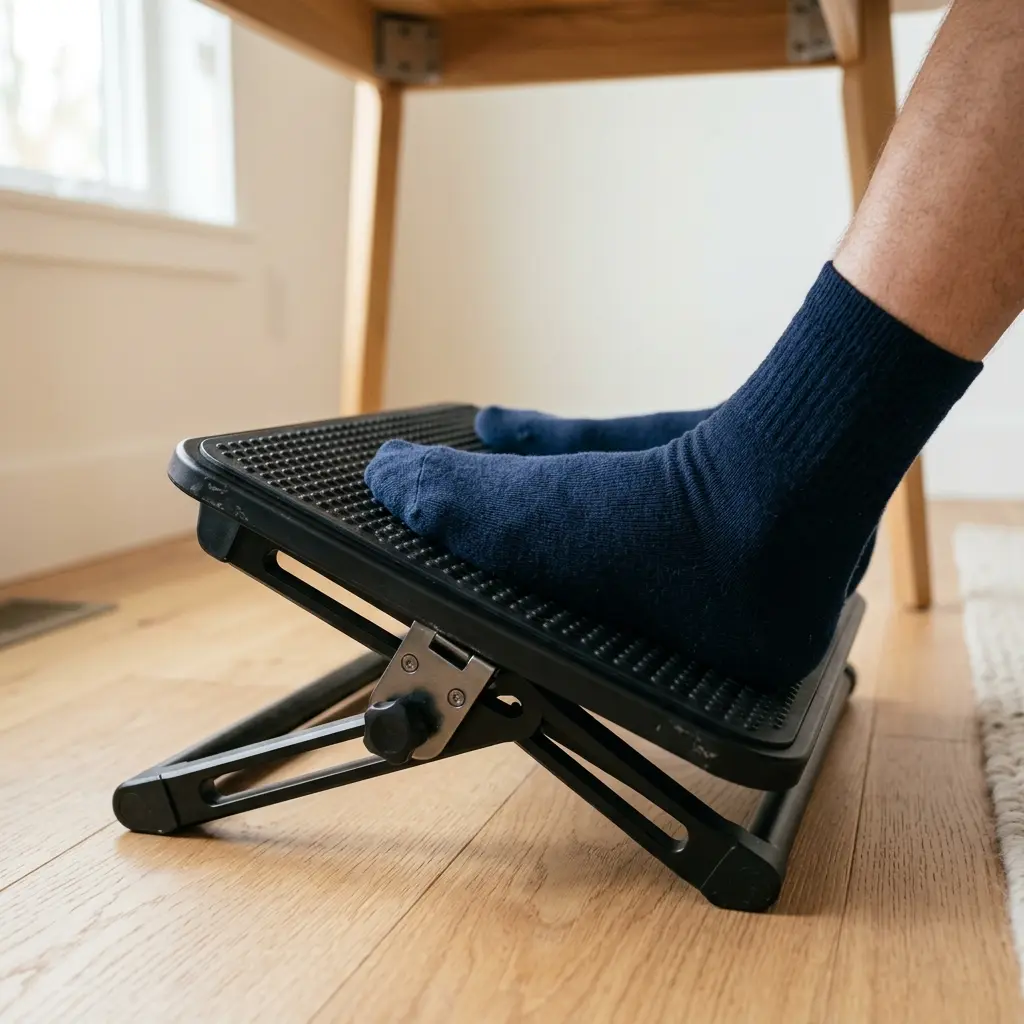 A close-up of a footrest adjusted to a perfect 15-degree incline, supporting the user's feet