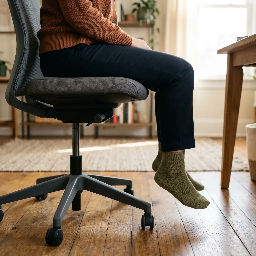 A side profile showing a user's feet dangling slightly above the floor because their chair is raised to match the desk