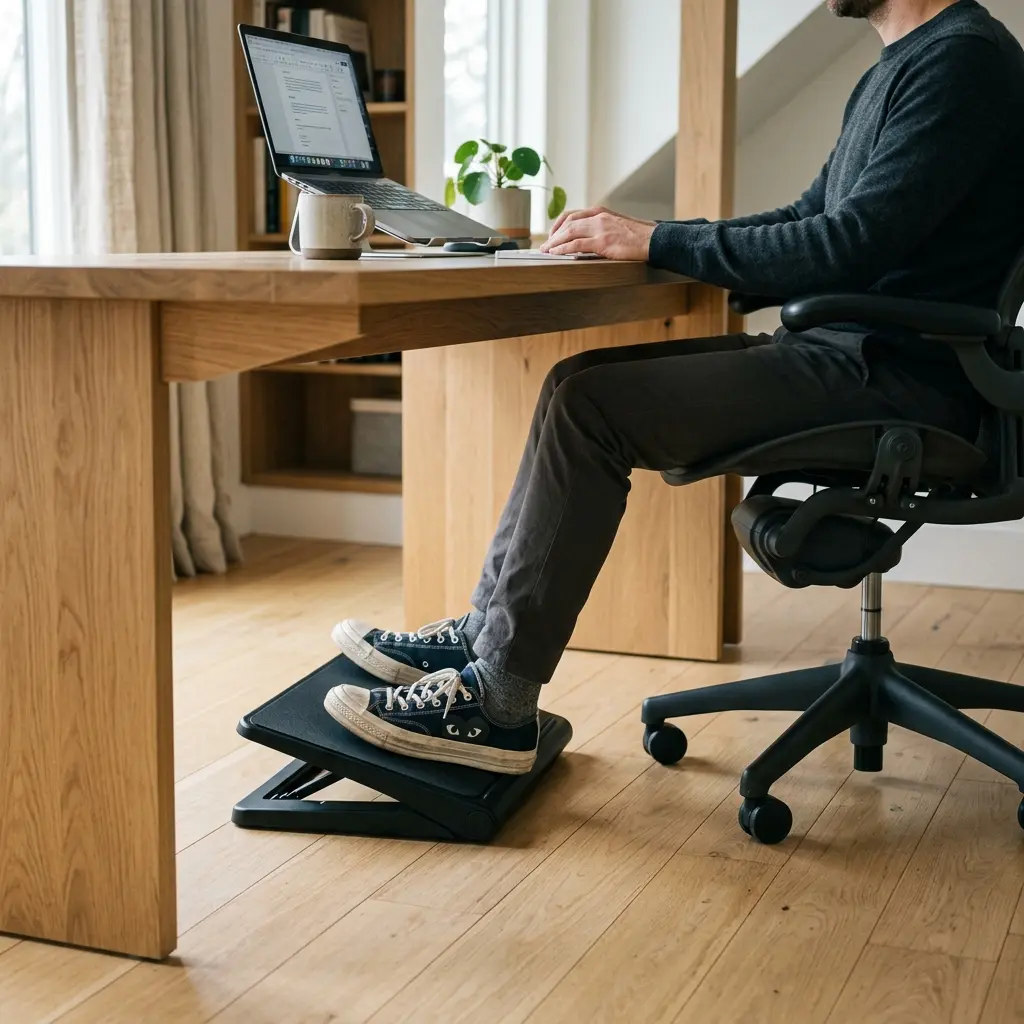 Ergonomic footrest guide: A professional sitting at a desk with their feet perfectly supported by an angled footrest