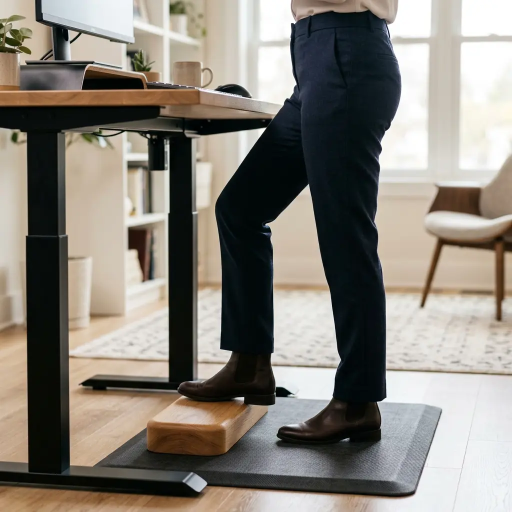 A professional using a standing desk while resting one foot on a small elevated block to relieve back pressure