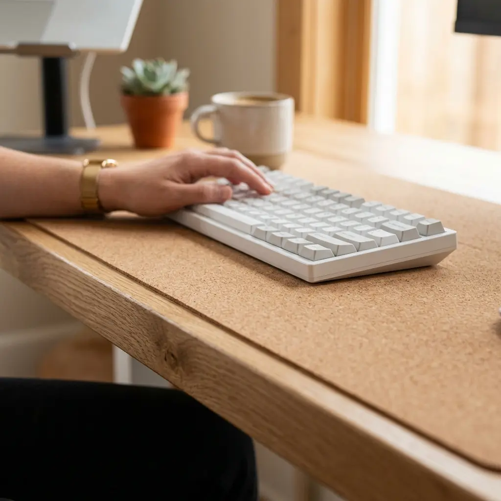 A profile shot demonstrating the 4 to 6 inch distance between the desk edge and the keyboard
