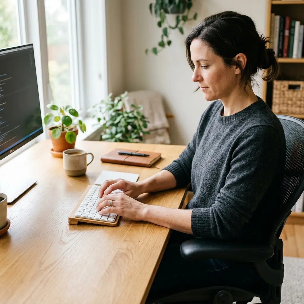 Ergonomic keyboard placement: A professional typing with perfect neutral wrist alignment at a clean desk