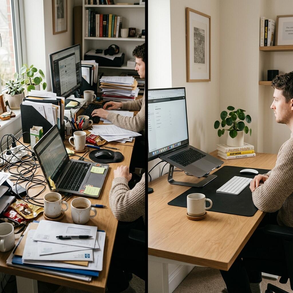Split screen comparison of a chaotic cluttered desk versus a hyper-productive clean workspace