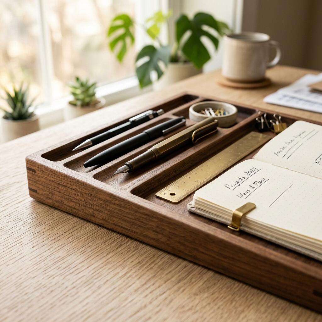 Close up detail of the Solid Wood Desk Organizer holding pens and accessories neatly