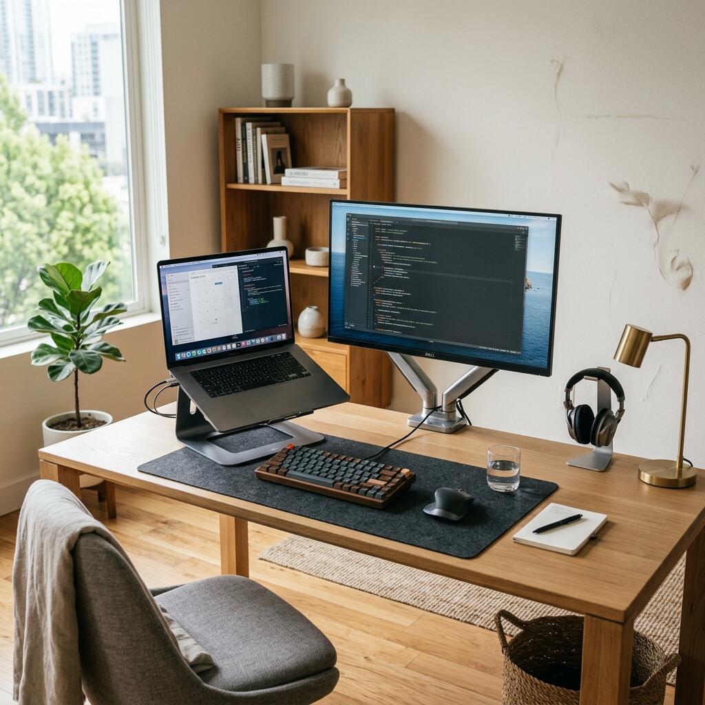 A perfectly organized minimalist desk setup with natural light emphasizing workspace productivity