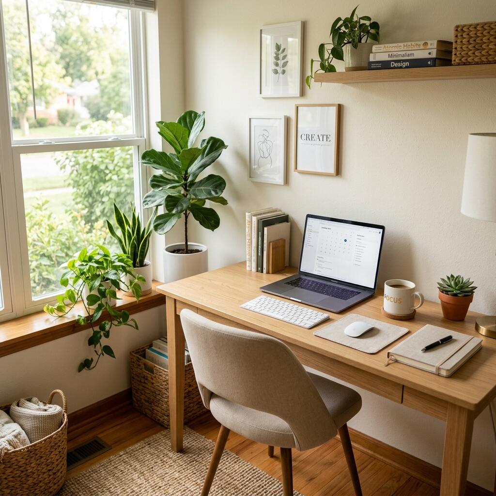 A beautifully lit home office demonstrating workspace productivity principles in action