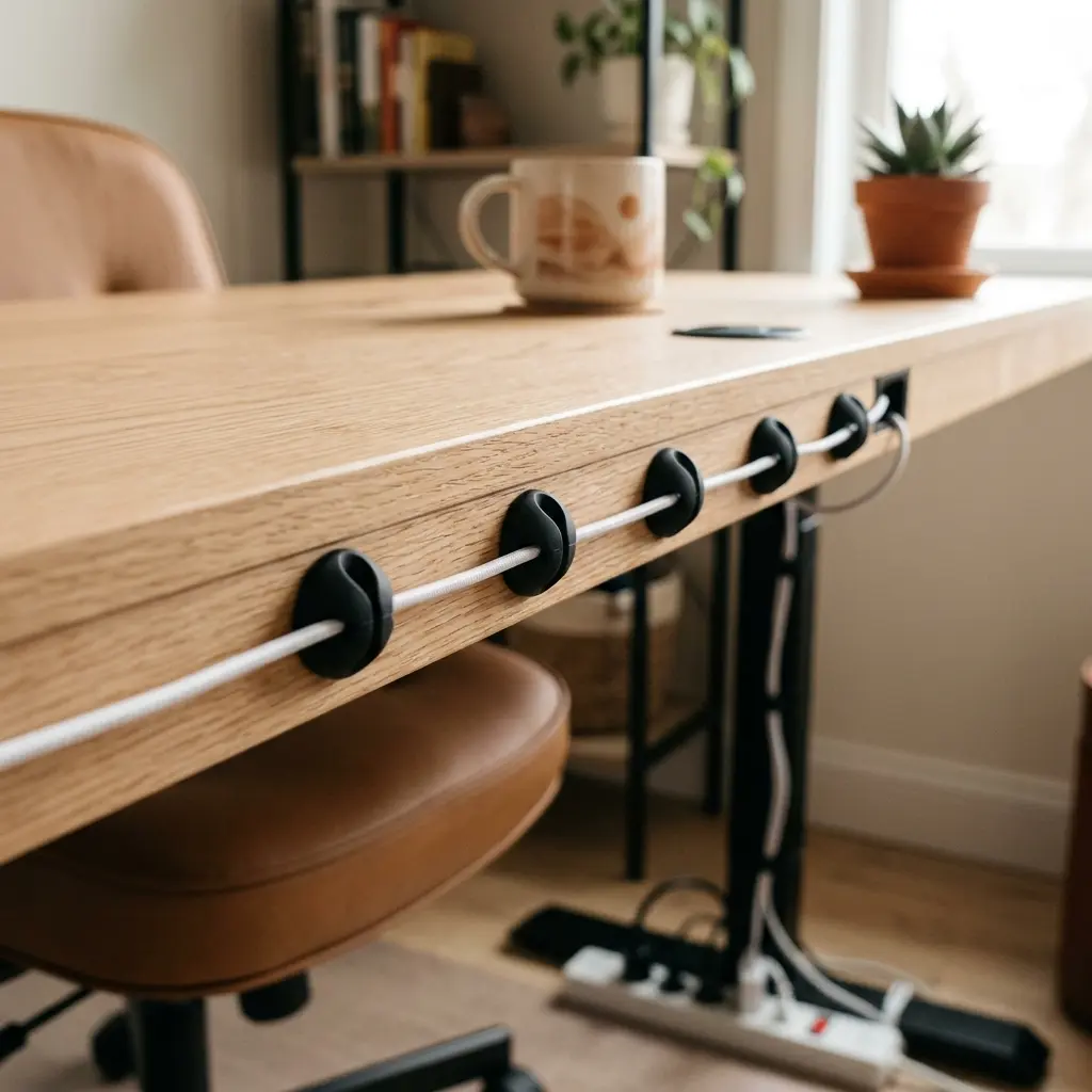 Thin white cables routed invisibly along the back edge of a desk using black adhesive clips