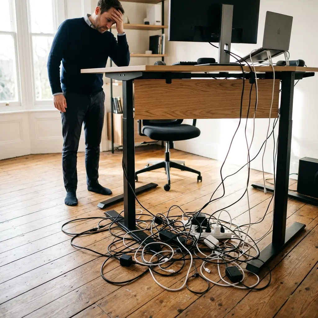 A stressed professional looking down at a chaotic floor covered in messy desk cables
