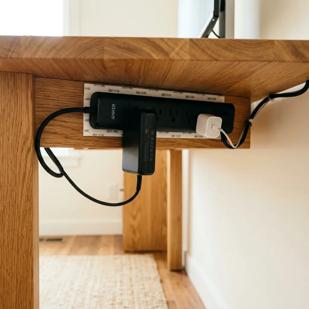 A power strip mounted securely to the underside of a desk, lifting all cords off the floor