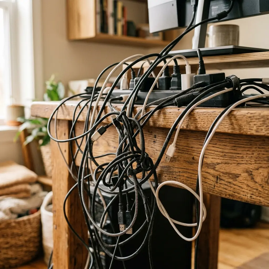 Close up macro shot of tangled, chaotic messy desk cables creating visual noise