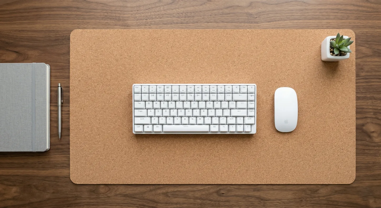 A perfectly positioned large natural cork mouse pad desk mat with a keyboard and mouse resting on top