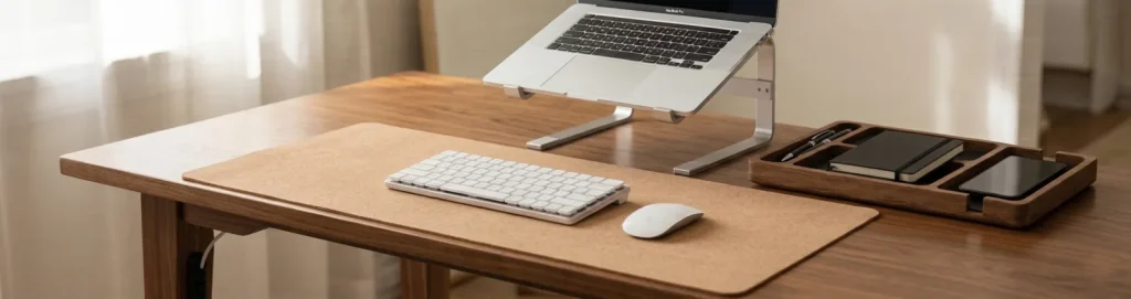 A complete minimalist workspace featuring the TidySetup Minimal Desk Starter Kit fully assembled