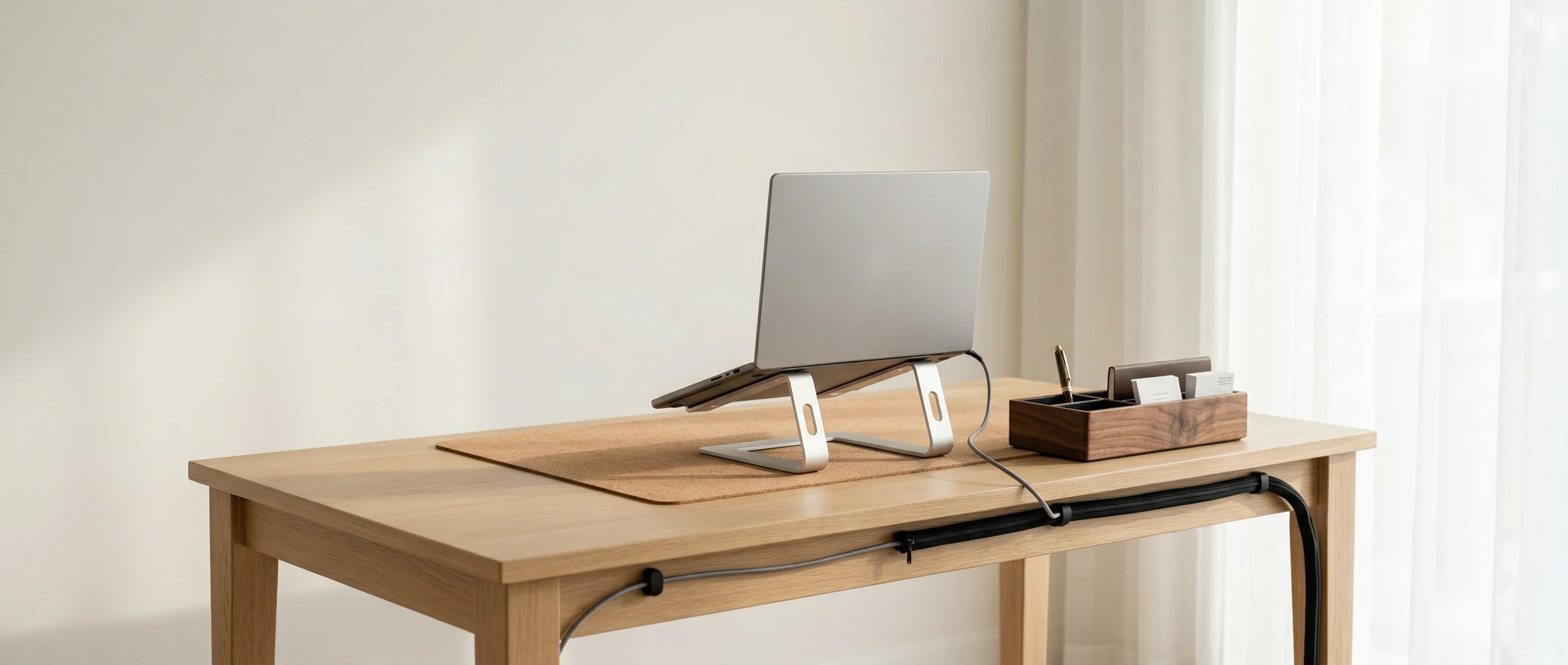 Hands adjusting the hinges of the TidySetup Ergonomic Aluminum Laptop Stand on a wooden desk