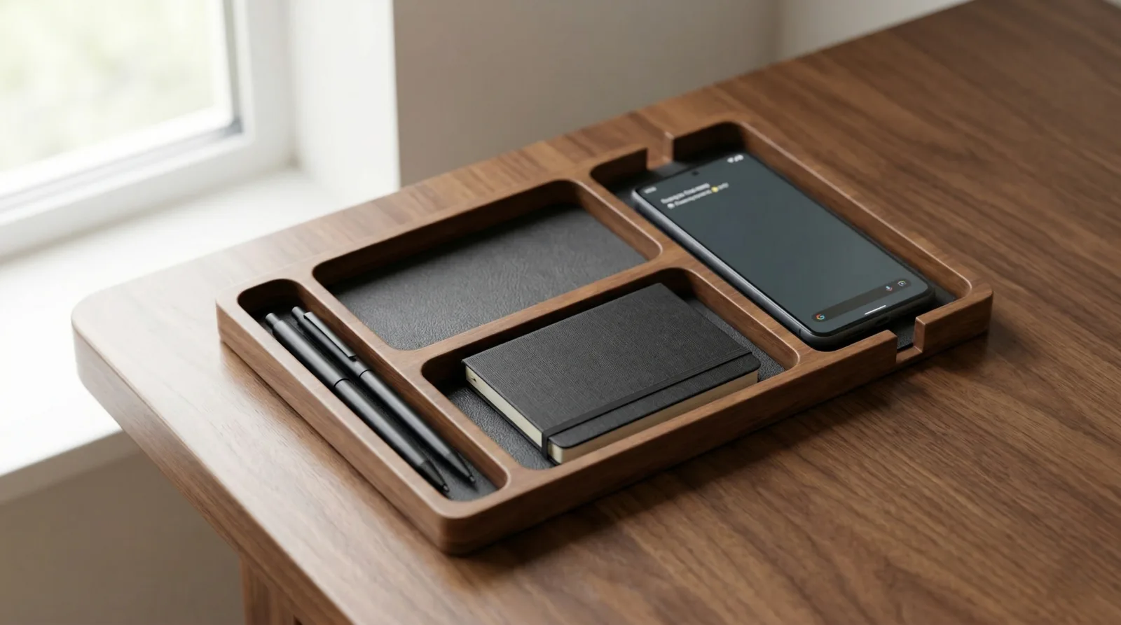 A solid wood desk organizer neatly holding pens, a small notebook, and a smartphone